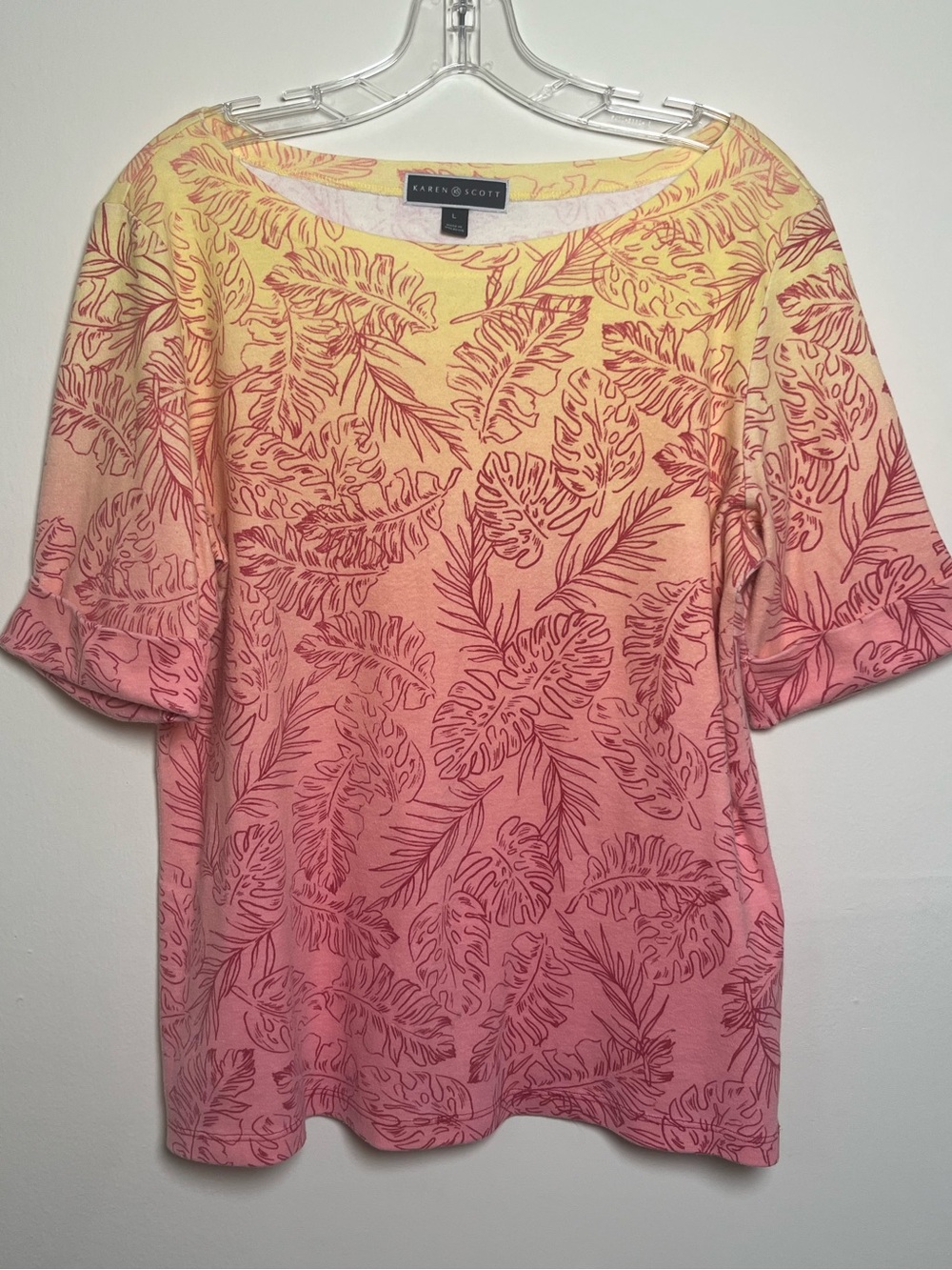 Karen Scott Pink-to-Yellow Ombre Leaf-Print Short Sleeve Top
